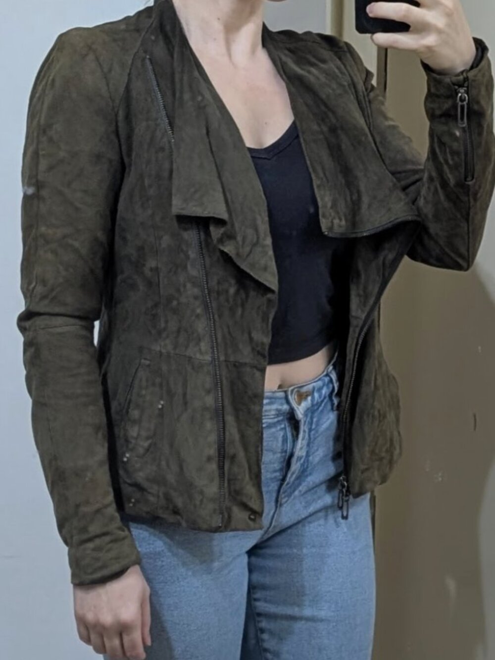 Green Suede Draped Moto Jacket